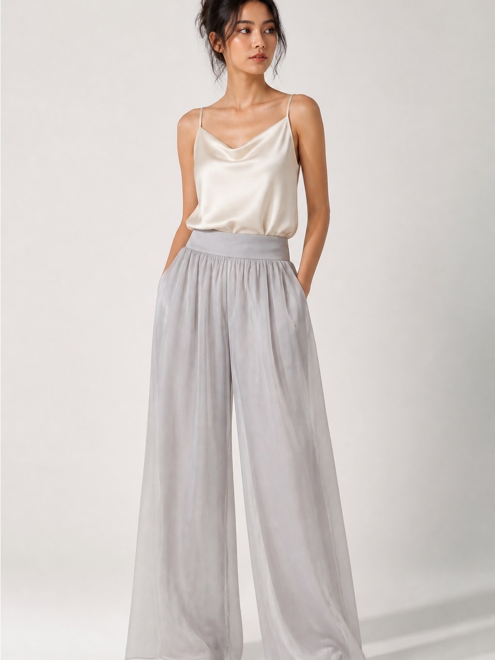 Tempo Paris Light Gray Wide-Leg Palazzo Pants